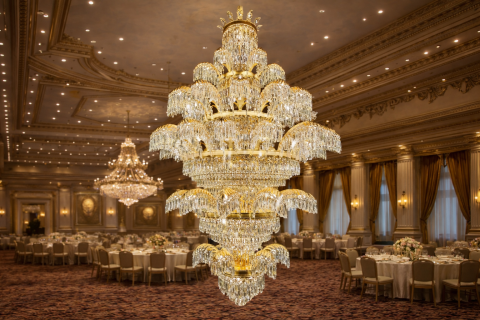 Candelabru Cristal PALACE Grande, 52 de brate, 96xG9, Diametru 150cm, Inaltime 230cm, Auriu Lucios, Inaltime Reglabila, Design Elegant [1]