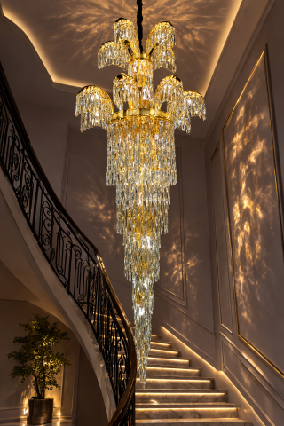 Lampi, Aplice si Corpuri de iluminat Smart - Candelabru Cristal PALACE Regalis, 13 brate, 29xG9, D80cm, Auriu Lucios, Inaltime Reglabila, Metal si Cristal