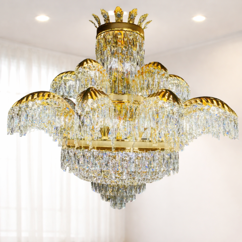 Candelabru Cristal PALACE Supremo 29xG9, D115cm, Auriu Lucios, Inaltime Reglabila, Metal si Cristal [1]