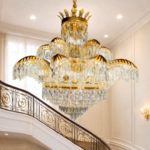 Lampi, Aplice si Corpuri de iluminat Smart - Candelabru Cristal PALACE Supremo 29xG9, D115cm, Auriu Lucios, Inaltime Reglabila, Metal si Cristal