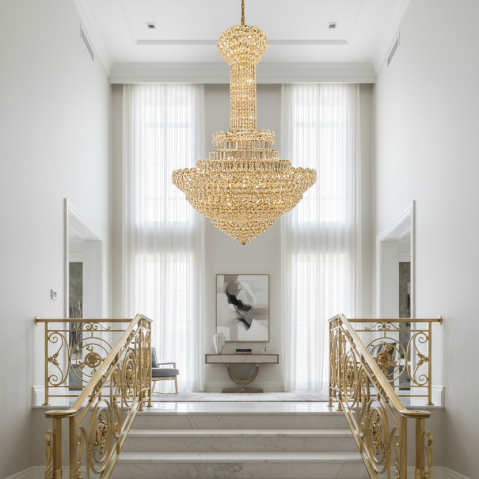 Candelabru Cristal PALAIS Grande 65xE14, Diametru 150cm, Inaltime 240cm, Auriu Lucios, Inaltime Reglabila, Design Elegant [1]