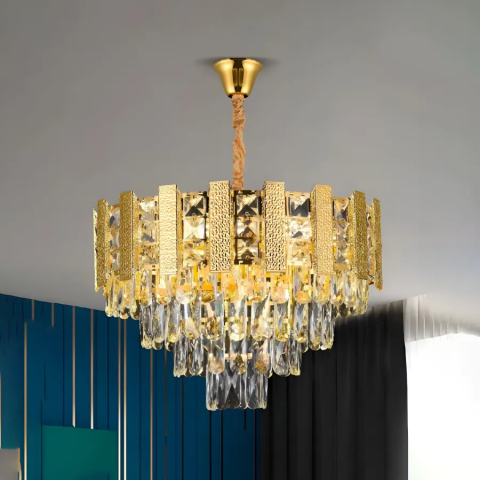 Candelabre LED Cristal Moderne - Candelabru Cristal PELES Nobile 4xE14, Diametru 40cm, Auriu Lucios, Inaltime Reglabila