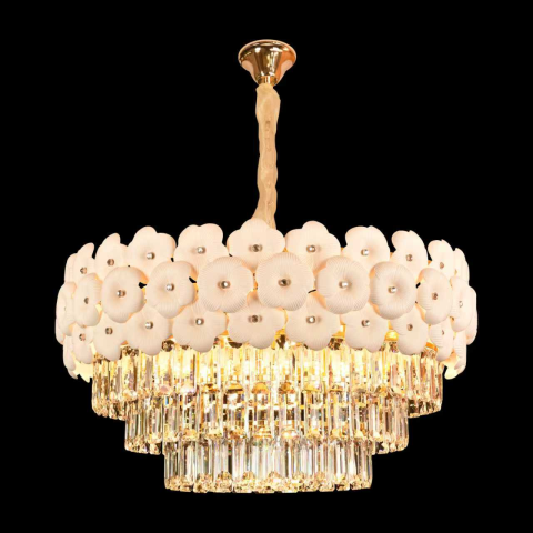 Candelabru Cristal PETAL Magno 13xE14, D60 cm, Auriu, Inaltime Reglabila, Metal si Cristal [3]