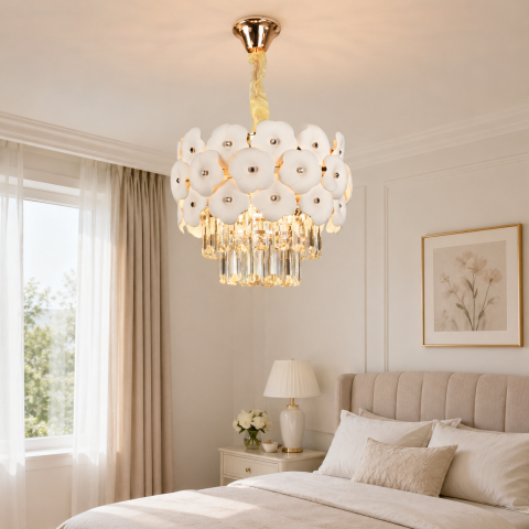 Lampi, Aplice si Corpuri de iluminat Smart - Candelabru Cristal PETAL Petito 3xE14, D30 cm, Auriu, Inaltime Reglabila, Metal si Cristal