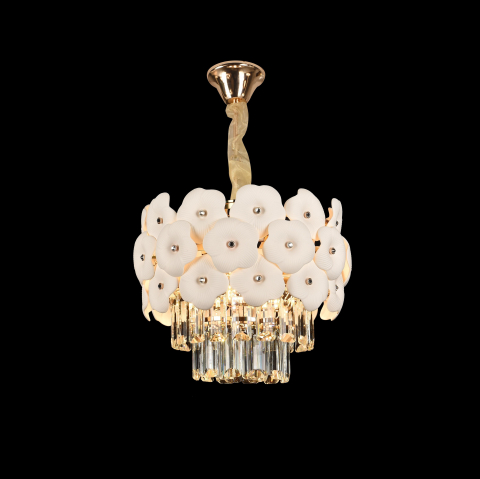 Candelabru Cristal PETAL Petito 3xE14, D30 cm, Auriu, Inaltime Reglabila, Metal si Cristal [3]