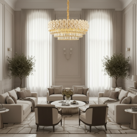 Iluminat Smart Home - Candelabru Cristal PETAL Regalis 15xE14, D80 cm, Auriu, Inaltime Reglabila, Metal si Cristal
