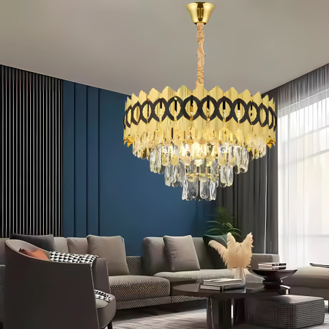 Lustre LED Moderne - Candelabru Cristal PIERREFONDS Nobile 5xE14, Diametru 38.5cm, Auriu Lucios, Inaltime Reglabila