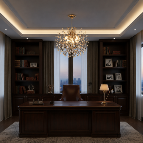Iluminat Smart Home - Candelabru Cristal PROWES Eleganza, 8xE14, D50 cm, Auriu, Inaltime Reglabila, Metal si Cristal