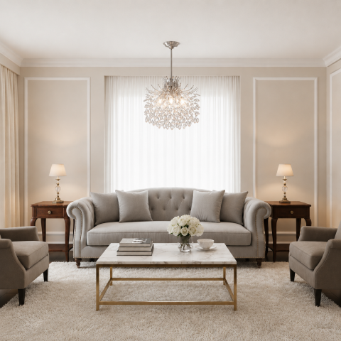Iluminat Smart Home - Candelabru Cristal PROWES Magno, 10xE14, D60 cm, Crom Lucios, Inaltime Reglabila, Metal si Cristal