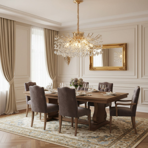 Iluminat Smart Home - Candelabru Cristal PROWES Regalis, 14xE14, D80 cm, Auriu, Inaltime Reglabila, Metal si Cristal