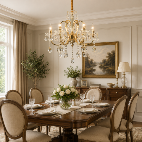 Iluminat Smart Home - Candelabru Cristal PSE Magno, 6xE14, D61cm, Inaltime Reglabila, Metal si Cristal, Auriu