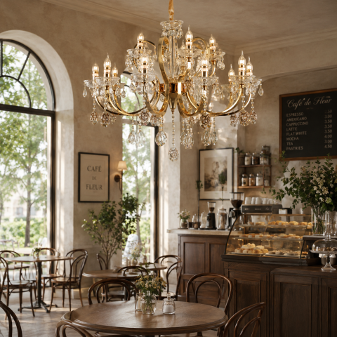 Candelabru Cristal PSE Supremo, 12xE14, D88cm, Inaltime Reglabila, Metal si Cristal, Auriu [1]