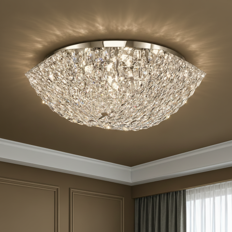 Lampi, Aplice si Corpuri de iluminat Smart - Candelabru Cristal QEQERTARSUAQ Magno, 9x E14, Diametru 60cm, Metal si Cristal, Crom Lucios