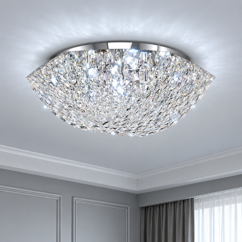 Lampi, Aplice si Corpuri de iluminat Smart - Candelabru Cristal QEQERTARSUAQ Nobile, 5x E14, Diametru 40cm, Metal si Cristal, Crom Lucios