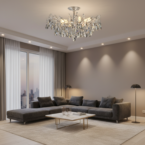 Iluminat Smart Home - Candelabru Cristal REINA Magno, 6xE14, D60cm, Crom Lucios, Metal si Cristal