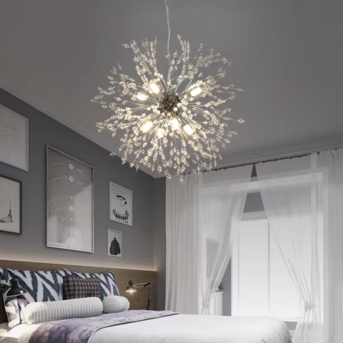 Candelabre LED Cristal Moderne - Candelabru Cristal Schonbrunn, 9x G9, Diametru 49cm, Argintiu Lucios, Inaltime Reglabila