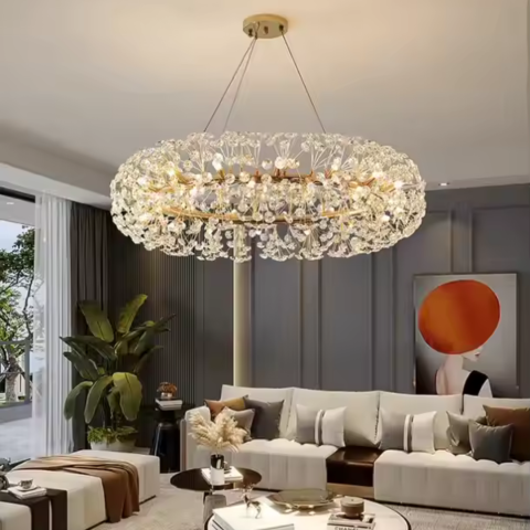 Candelabre LED Cristal Moderne - Candelabru Cristal SEGOVIA Magno 12x E14, Diametru 60cm, Auriu Lucios, Inaltime Reglabila