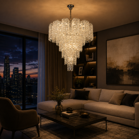 Lampi, Aplice si Corpuri de iluminat Smart - Candelabru Cristal TAGISH Supremo 19xE14, Diametru 80cm, Metal si Cristal, Crom Lucios, Inaltime Reglabila