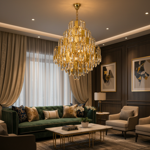 Candelabru Cristal TIER Eleganza 10xE14, D50 cm, Auriu, Inaltime Reglabila, Metal si Cristal [1]