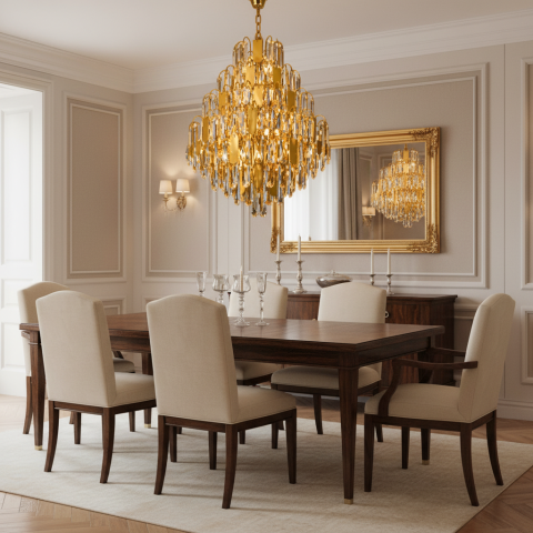 Candelabru Cristal TIER Magno 13xE14, D60 cm, Auriu, Inaltime Reglabila, Metal si Cristal [2]