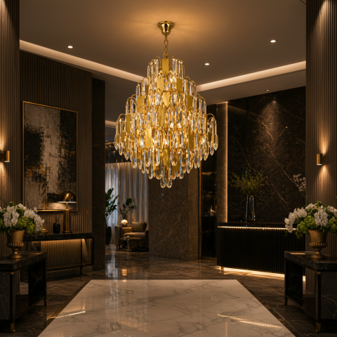 Candelabru Cristal TIER Magno 13xE14, D60 cm, Auriu, Inaltime Reglabila, Metal si Cristal [1]