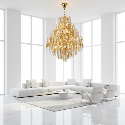 Candelabru Cristal TIER Magno 13xE14, D60 cm, Auriu, Inaltime Reglabila, Metal si Cristal [3]