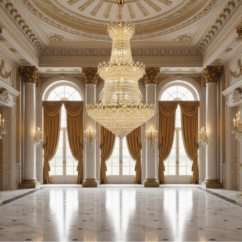Candelabru Cristal TORRE 59xE14, Diametru 120cm, Inaltime 200cm, Auriu Lucios, Inaltime Reglabila, Design Elegant [1]