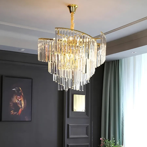 Lampi, Aplice si Corpuri de iluminat Smart - Candelabru Cristal TRIANON Eleganza 6x E27, Diametru 47cm, Auriu Lucios, Inaltime Reglabila