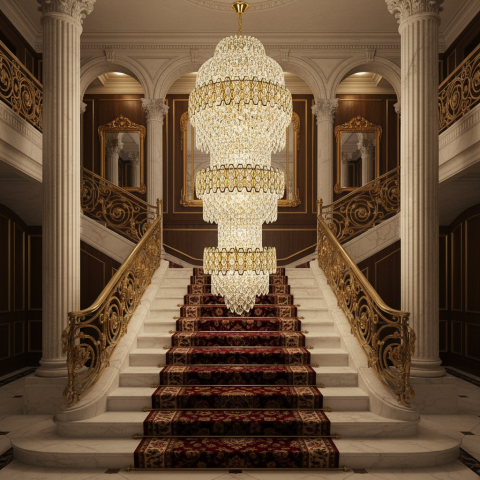 Produse Alessandro - Candelabru Cristal TRIO Magno 49xE14, Diametru 65cm, Inaltime 200cm, Auriu Lucios, Inaltime Reglabila, Design Elegant
