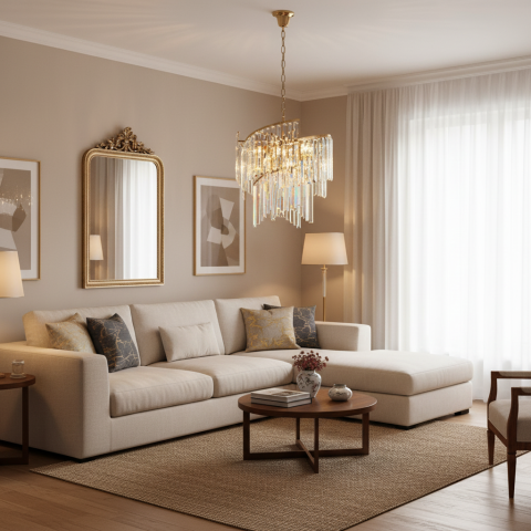 Iluminat Smart Home - Candelabru Cristal TWEEZE Eleganza, Φ50cm, 9xE14, Auriu, Metal si Cristal