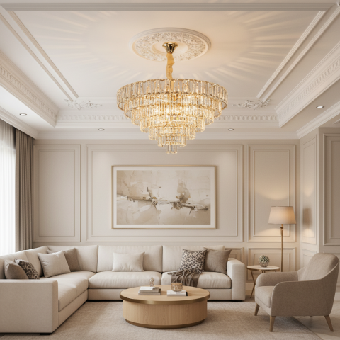Candelabre LED Cristal Moderne - Candelabru Cristal VALMONT Regalis 15xE14, D80 cm, Auriu, Inaltime Reglabila, Metal si Cristal