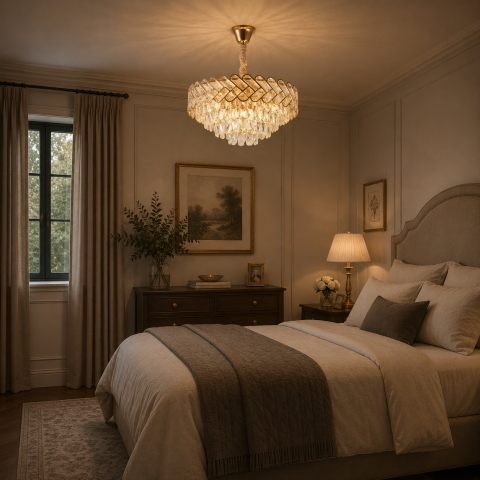 Produse Alessandro - Candelabru Cristal VECTOR Eleganza 8xE14, Diametru 48cm, Auriu Lucios, Inaltime Reglabila, Metal si Cristal