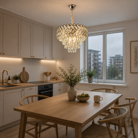 Iluminat Smart Home - Candelabru Cristal VECTOR Magn 8xE14, Diametru 58cm, Auriu Lucios, Inaltime Reglabila, Metal si Cristal
