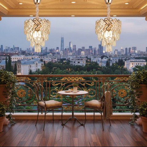 Iluminat Smart Home - Candelabru Cristal VECTOR Petito 3xE14, Diametru 28cm, Auriu Lucios, Inaltime Reglabila, Metal si Cristal