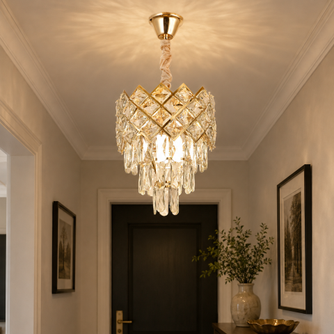 Candelabru Cristal VECTORIA Petito 3xE14, Diametru 28cm, Auriu, Inaltime Reglabila, Metal si Cristal [1]