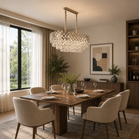 Iluminat Smart Home - Candelabru Cristal VECTORIA Supremo, 10xE14, Diametru 75x39cm, Crom Lucios, Inaltime Reglabila, Metal si Cristal
