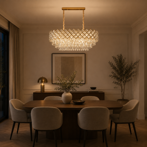 Iluminat Smart Home - Candelabru Cristal VECTORIA Supremo, 8xE14, Diametru 75x39cm, Auriu, Inaltime Reglabila, Metal si Cristal