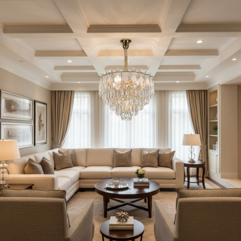Iluminat Smart Home - Candelabru Cristal VELVET Eleganza, 9xE14, D50 cm, Auriu, Inaltime Reglabila, Metal si Cristal