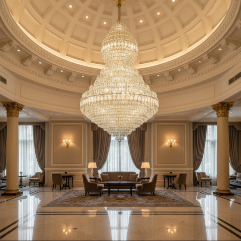 Candelabre LED Cristal Moderne - Candelabru Cristal VELVET Supremo, 69xE14, D150 cm, Auriu, Inaltime Reglabila, Metal si Cristal