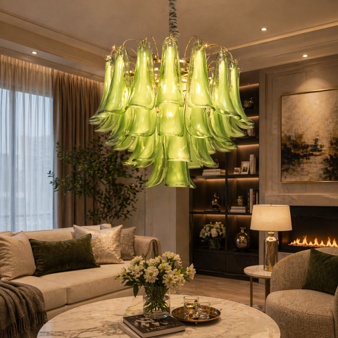 Lampi, Aplice si Corpuri de iluminat Smart - Candelabru Cristal VERDANT Eleganza 4xE14, D50 cm, Verde, Inaltime Reglabila, Metal si Cristal