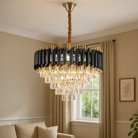 Lampi, Aplice si Corpuri de iluminat Smart - Candelabru Cristal VERSAILLES Eleganza 8x E14, Diametru 50cm, Negru, Auriu Lucios, Inaltime Reglabila