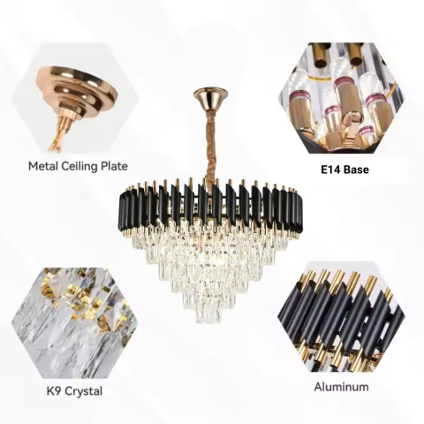 Candelabru Cristal VERSAILLES Magno 8xE14, Diametru 60cm, Negru si Auriu, Inaltime Reglabila [1]