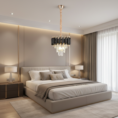 Candelabre LED Cristal Moderne - Candelabru Cristal VERSAILLES Nobile, 5xE14, Φ40cm, Auriu Lucios si Negru, Inaltime Reglabila