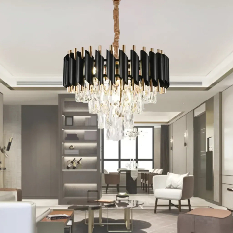 Candelabre LED Cristal Moderne - Candelabru Cristal VERSAILLES Nobile 5xE14, Diametru 40cm, Auriu Lucios si Negru