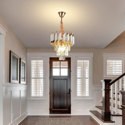 Candelabre LED Cristal Moderne - Candelabru Cristal VERSAILLES Petito 3xE14, Diametru 30cm, Auriu Lucios si Alb, Inaltime Reglabila, Metal si Cristal