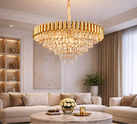 Candelabre LED Cristal Moderne - Candelabru Cristal VERSAILLES Supremo, CC900/800GD, 12xE14, Diametru 80cm, Auriu Lucios, Inaltime Reglabila, Metal si Cristal