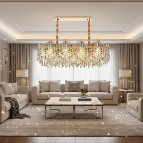 Candelabru Cristal VETRA Supremo 15xE14, 100x35 cm, Auriu, Inaltime Reglabila, Metal si Cristal [1]