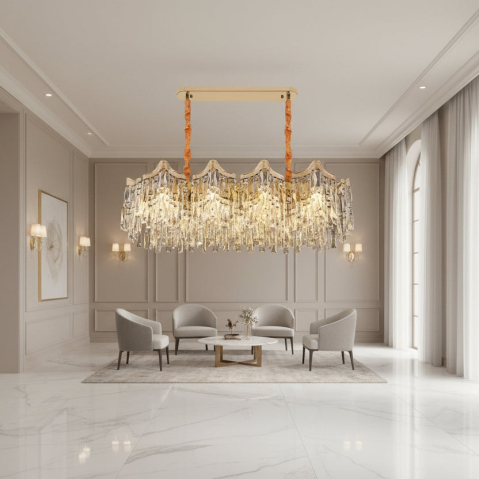 Produse Alessandro - Candelabru Cristal VETRA Supremo 15xE14, 100x35 cm, Auriu, Inaltime Reglabila, Metal si Cristal