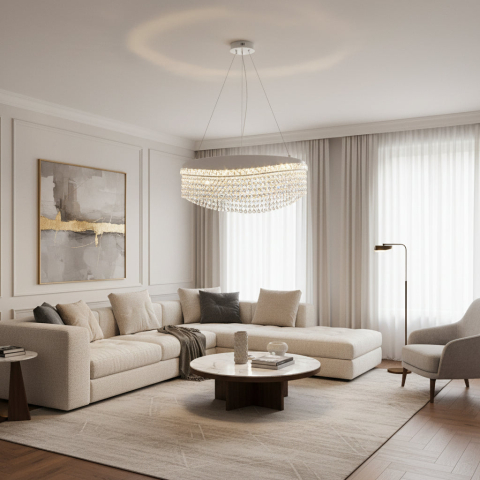Iluminat Smart Home - Candelabru Cristal VOLNA Eleganza, 102W, D50cm, Lumina Calda/Neutra/Rece, Alb, Metal si Cristal