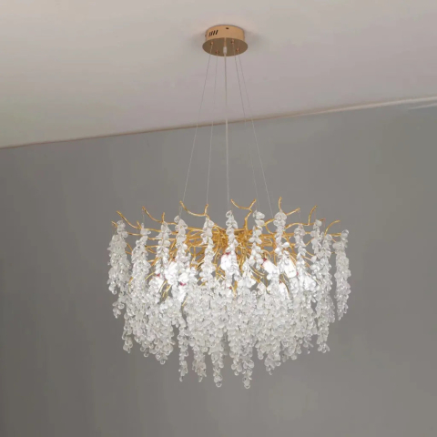 Candelabre LED Cristal Moderne - Candelabru Cristal WALTZ Cascade, 9x G9, Auriu, 80cm, Inaltime Reglabila